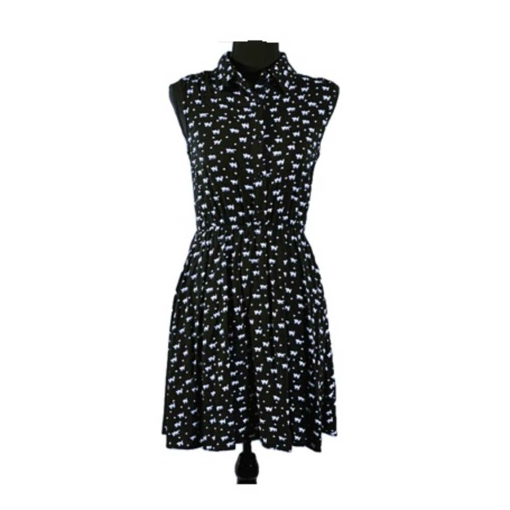 Allegra K - Women's Cat Printed, Half Placket, Knee Length Sleeveless Dress